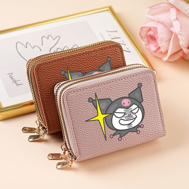 Authorized Sanrio Kuromi Double Zipper Coin Purse, Featuring Sanrio Cartoon Prints, a Lightweight Lining, And Multiple Card Slots. This Easy And Casual Card Holder Made of Synthetic Faux Leather Is Perfect for Outdoor Activities, Travel