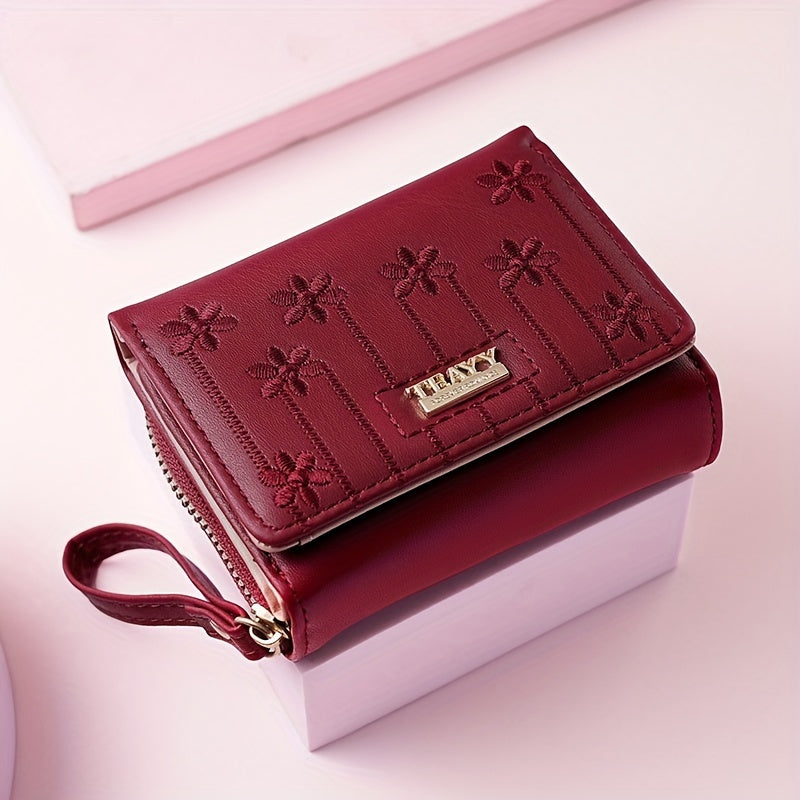 New Style Embroidered Short Women'S Wallet with Multiple Card Slots, a Multifunctional Fashionable Handbag, Accordion Zipper Card Holder, And a Two-Fold Coin Purse