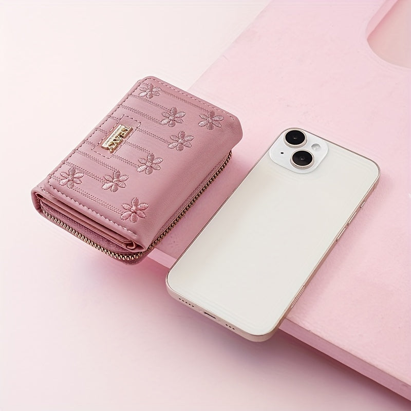 New Style Embroidered Short Women'S Wallet with Multiple Card Slots, a Multifunctional Fashionable Handbag, Accordion Zipper Card Holder, And a Two-Fold Coin Purse