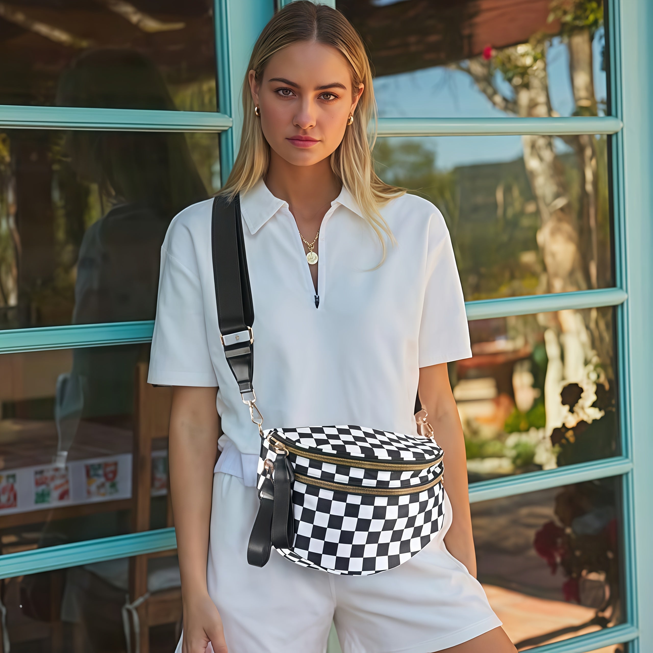 A Stylish Crossbody Bag with Multiple Pockets And a Large Capacity, This Versatile Shell Bag Features a Trendy Chest Design with a Plaid Print. It Comes with Adjustable Shoulder Straps, Making It Suitable for Outdoor Activities, Shopping, Parties