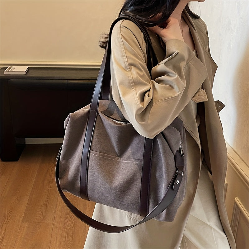 A New High-Quality, Minimalist Japanese-Style Large-Capacity Women'S Shoulder Bag, a Trendy And Versatile Tote Bag That Can Be Carried on The Shoulder, Crossbody, Or by Hand. Made with Thick Canvas And High-Quality PU Stitching