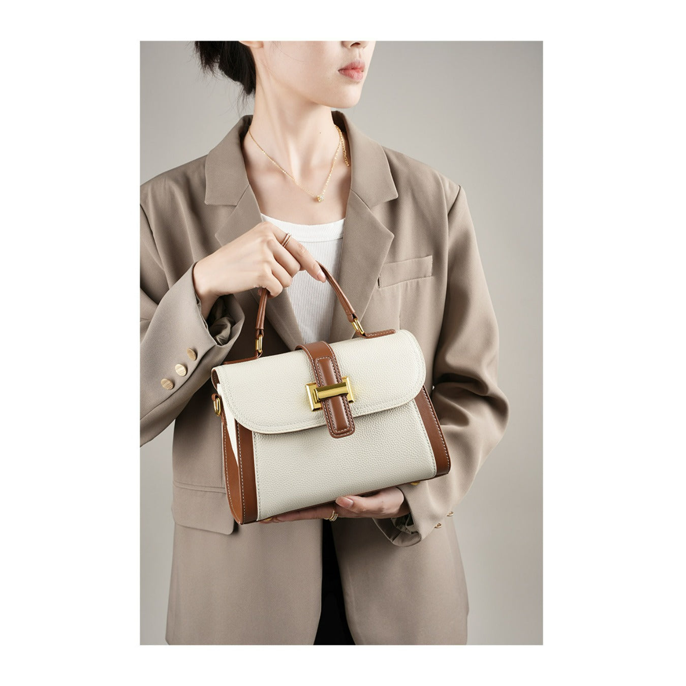 Women's Genuine Leather Handbag & Crossbody Bag - Top-Grain Leather with Buckle Closure, Textured, Lightweight Minimalist Work Bag in White\u002FBlack, Versatile for Everyday &, Durable Oil-Tanned Edges &