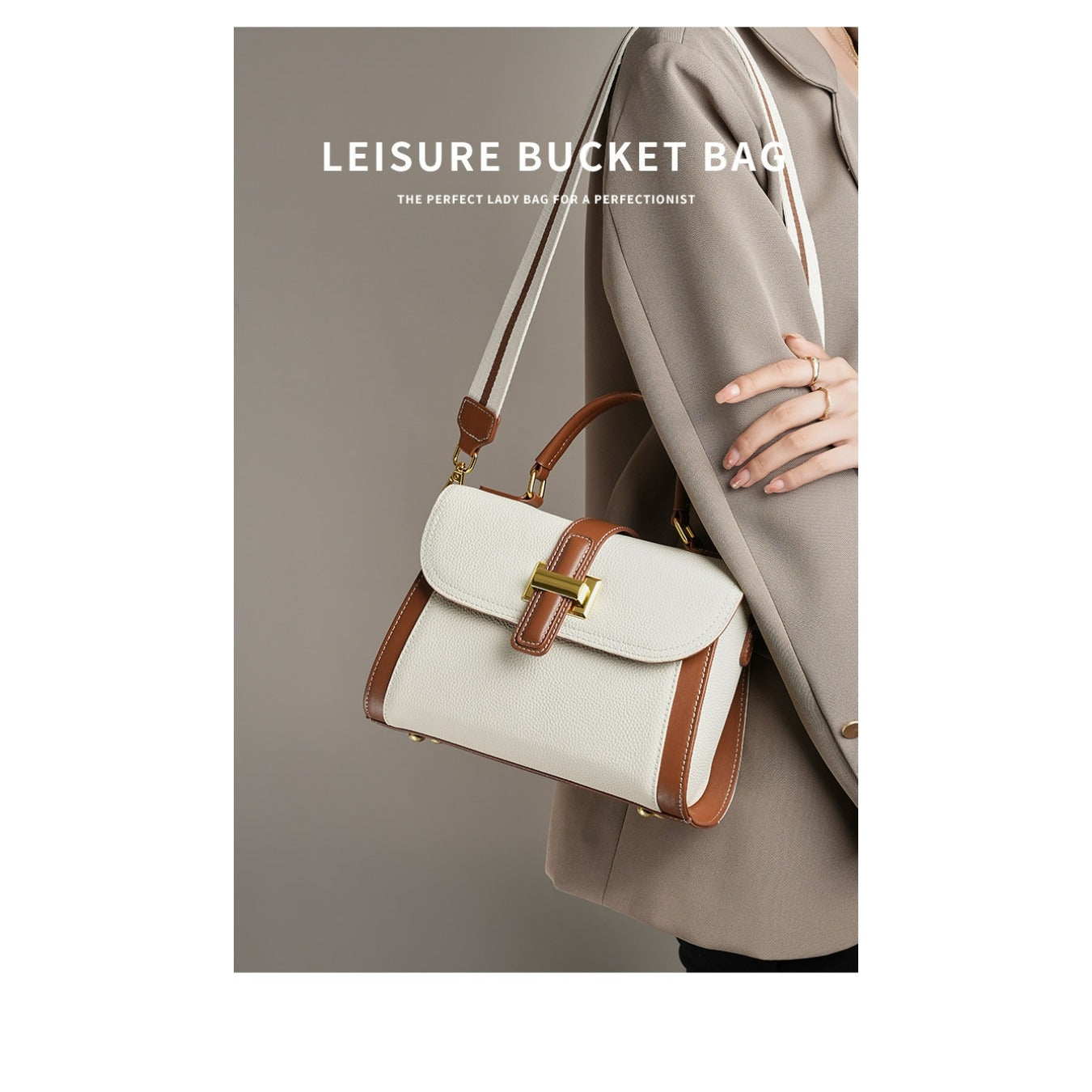 Women's Genuine Leather Handbag & Crossbody Bag - Top-Grain Leather with Buckle Closure, Textured, Lightweight Minimalist Work Bag in White\u002FBlack, Versatile for Everyday &, Durable Oil-Tanned Edges &