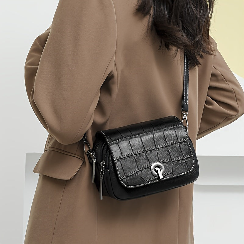 1pc Stylish Black Faux Leather Ladies Crossbody Backpack | Alligator Pattern, Removable Strap, Zipper Closure - Compact Shoulder Bag for Daily Use, Safe Travel Bag | Elegant Accessories, Faux Leather Messenger Bag