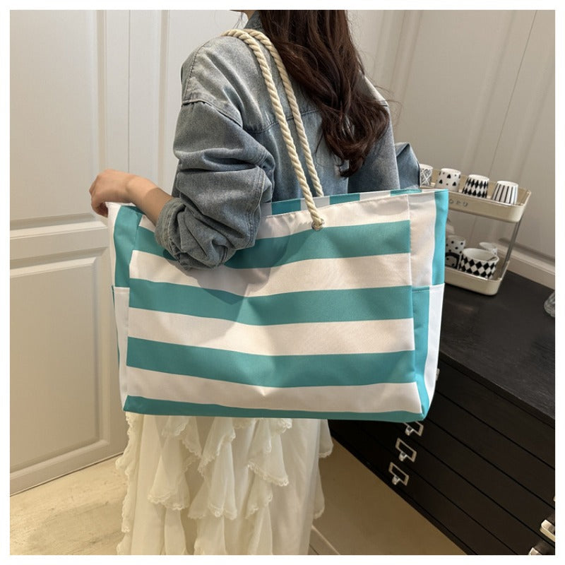 New Striped Shoulder Bag with Large Capacity, Stylish Canvas Tote for Women, Perfect for Commuting with a High-End Feel