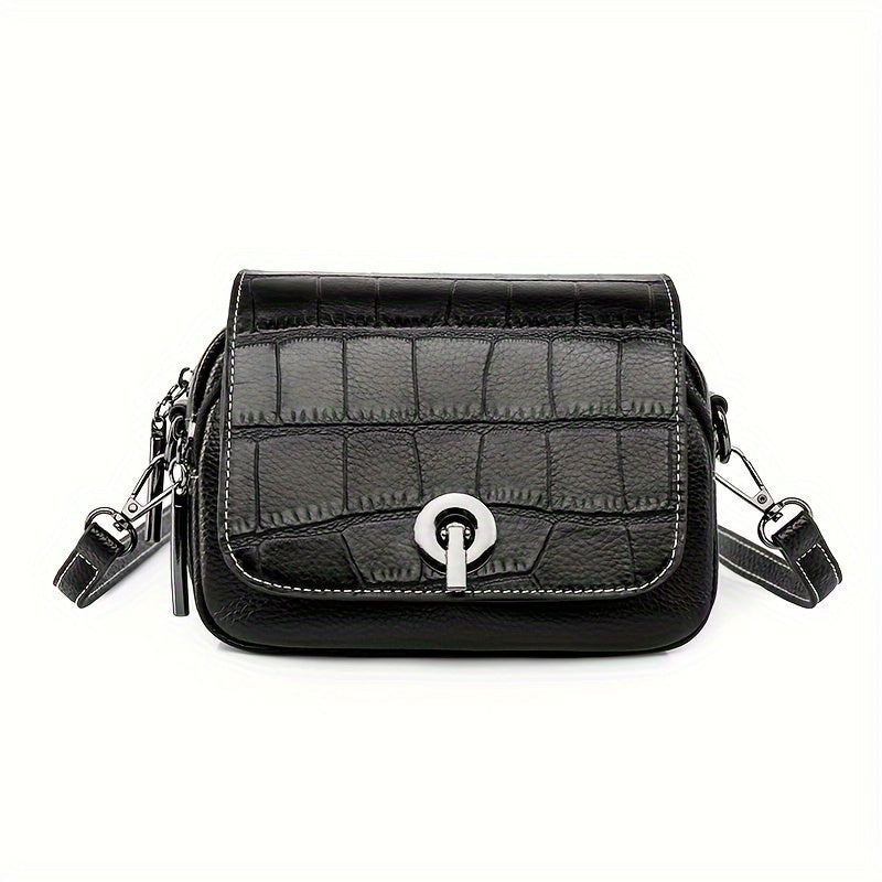 1pc Stylish Black Faux Leather Ladies Crossbody Backpack | Alligator Pattern, Removable Strap, Zipper Closure - Compact Shoulder Bag for Daily Use, Safe Travel Bag | Elegant Accessories, Faux Leather Messenger Bag
