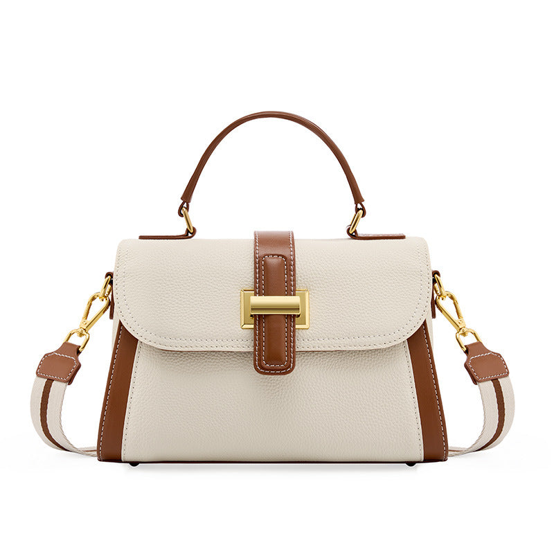 Women's Genuine Leather Handbag & Crossbody Bag - Top-Grain Leather with Buckle Closure, Textured, Lightweight Minimalist Work Bag in White\u002FBlack, Versatile for Everyday &, Durable Oil-Tanned Edges &