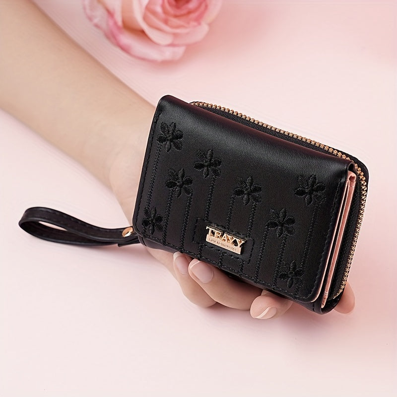New Style Embroidered Short Women'S Wallet with Multiple Card Slots, a Multifunctional Fashionable Handbag, Accordion Zipper Card Holder, And a Two-Fold Coin Purse