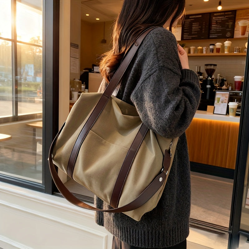 A New High-Quality, Minimalist Japanese-Style Large-Capacity Women'S Shoulder Bag, a Trendy And Versatile Tote Bag That Can Be Carried on The Shoulder, Crossbody, Or by Hand. Made with Thick Canvas And High-Quality PU Stitching