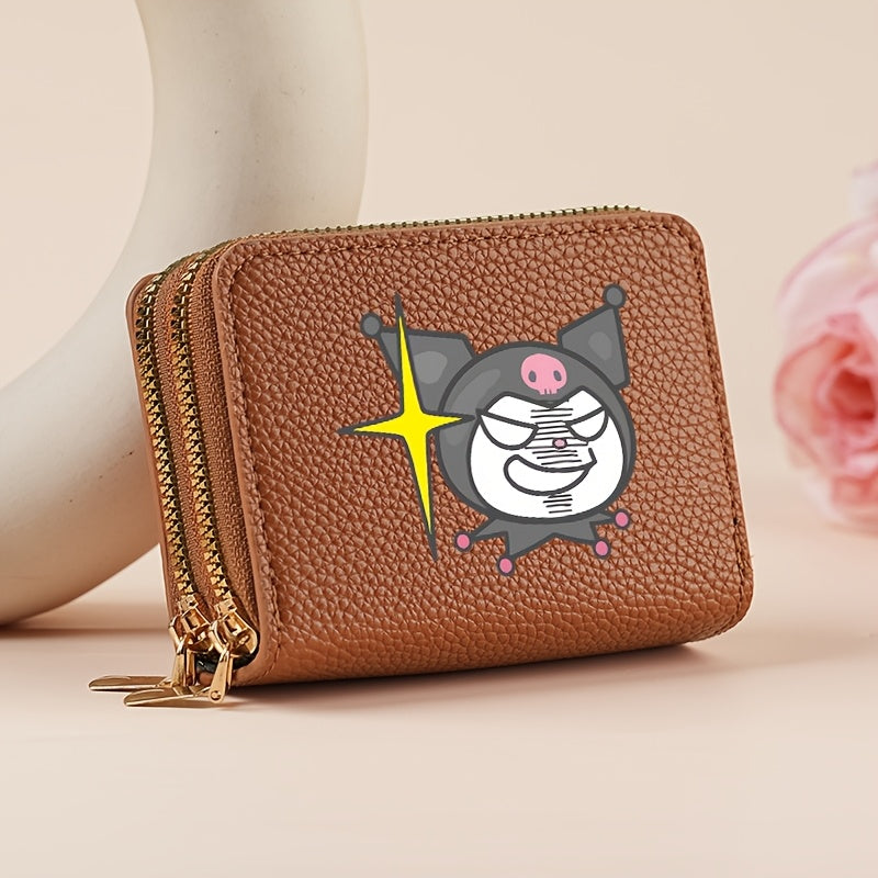 Authorized Sanrio Kuromi Double Zipper Coin Purse, Featuring Sanrio Cartoon Prints, a Lightweight Lining, And Multiple Card Slots. This Easy And Casual Card Holder Made of Synthetic Faux Leather Is Perfect for Outdoor Activities, Travel