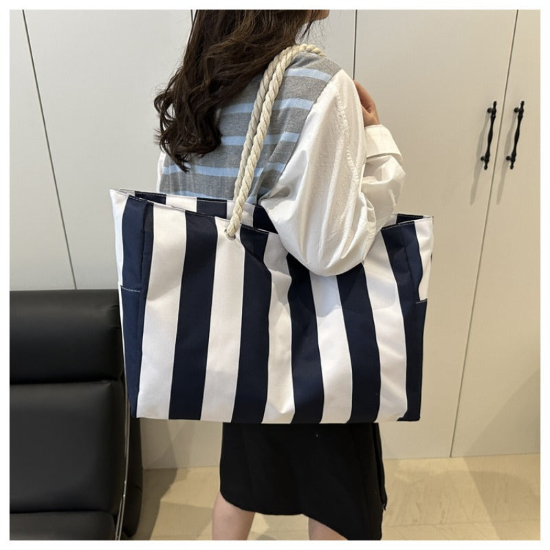 New Striped Shoulder Bag with Large Capacity, Stylish Canvas Tote for Women, Perfect for Commuting with a High-End Feel