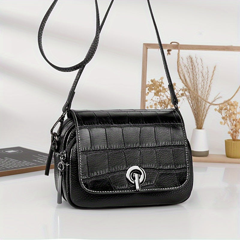 1pc Stylish Black Faux Leather Ladies Crossbody Backpack | Alligator Pattern, Removable Strap, Zipper Closure - Compact Shoulder Bag for Daily Use, Safe Travel Bag | Elegant Accessories, Faux Leather Messenger Bag