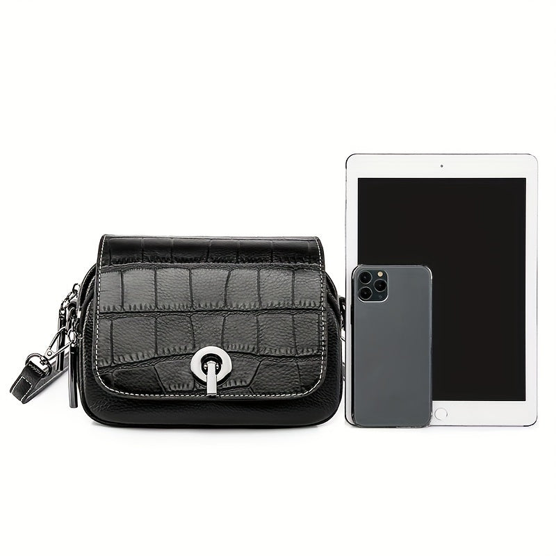 1pc Stylish Black Faux Leather Ladies Crossbody Backpack | Alligator Pattern, Removable Strap, Zipper Closure - Compact Shoulder Bag for Daily Use, Safe Travel Bag | Elegant Accessories, Faux Leather Messenger Bag