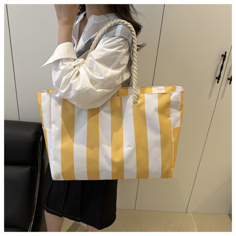 New Striped Shoulder Bag with Large Capacity, Stylish Canvas Tote for Women, Perfect for Commuting with a High-End Feel