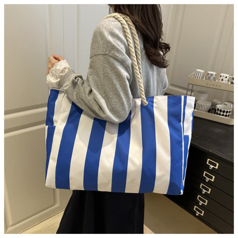 New Striped Shoulder Bag with Large Capacity, Stylish Canvas Tote for Women, Perfect for Commuting with a High-End Feel