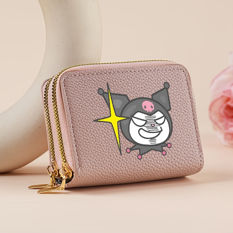 Authorized Sanrio Kuromi Double Zipper Coin Purse, Featuring Sanrio Cartoon Prints, a Lightweight Lining, And Multiple Card Slots. This Easy And Casual Card Holder Made of Synthetic Faux Leather Is Perfect for Outdoor Activities, Travel