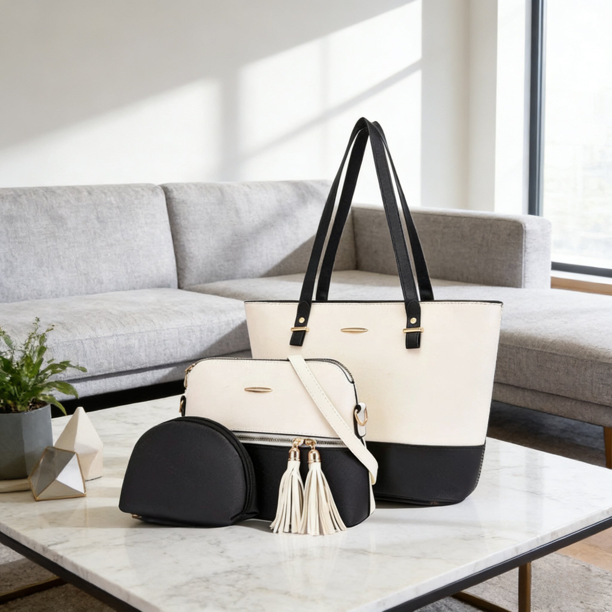 A Collection of Three Lightweight Luxury Women'S Bags, Including a Studded Tote And a Shoulder Crossbody Bag, Offering Ample Space Suitable for Commuting And Shopping in Various Settings