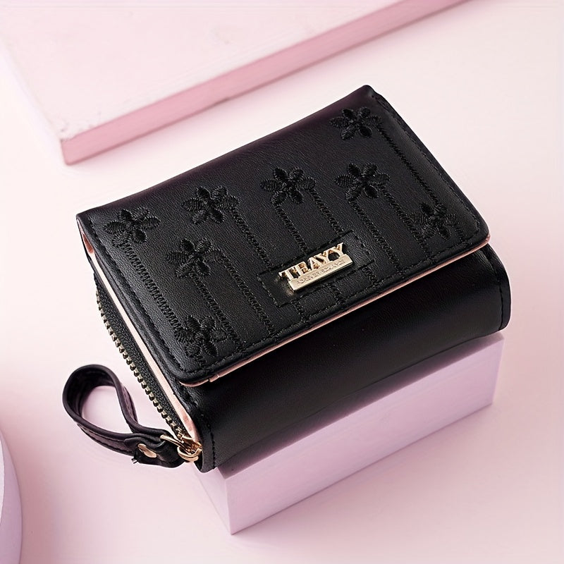 New Style Embroidered Short Women'S Wallet with Multiple Card Slots, a Multifunctional Fashionable Handbag, Accordion Zipper Card Holder, And a Two-Fold Coin Purse